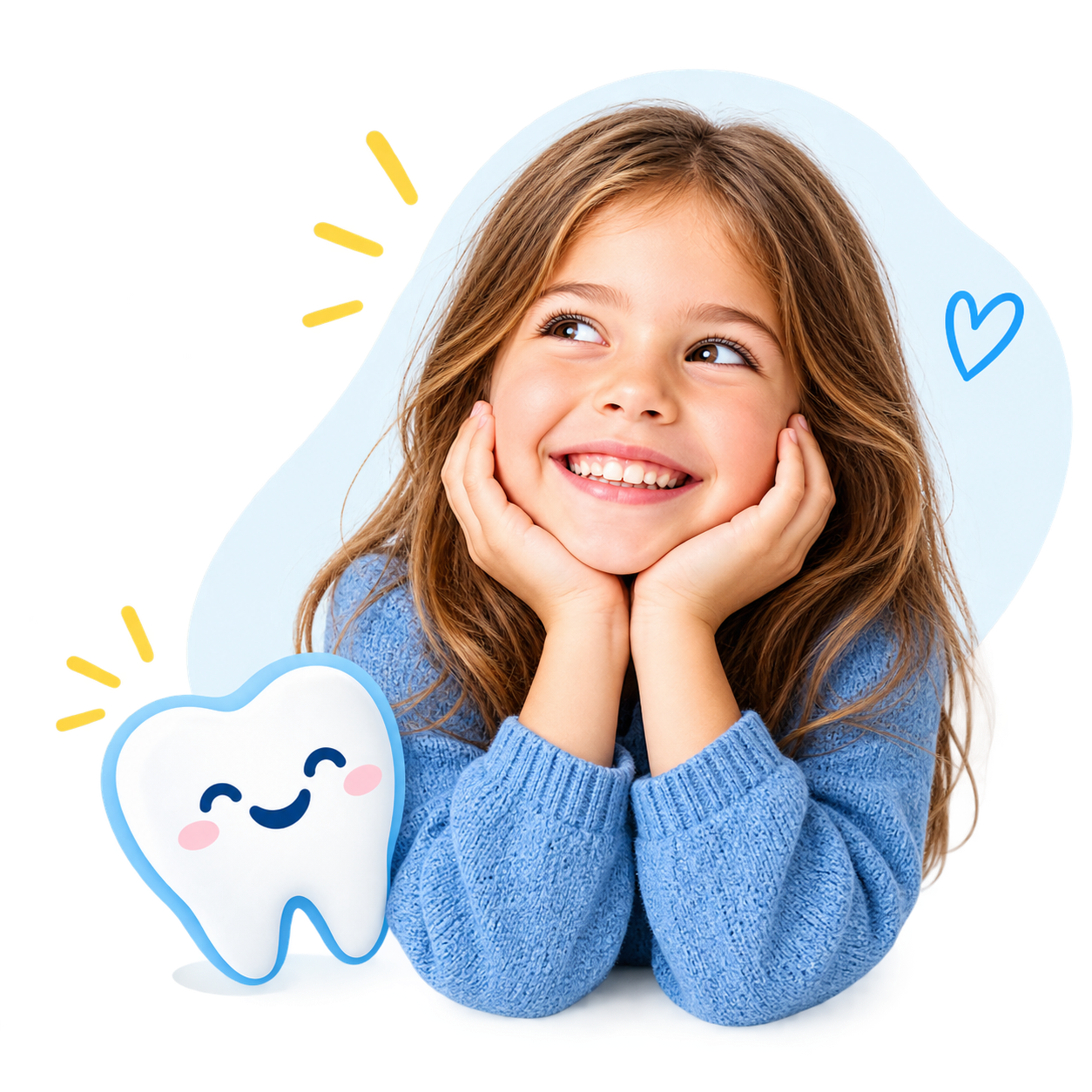Petite fille souriante, mains sous le menton, avec une mascotte dent